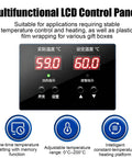 Multifunctional LCD control panel displaying temperature settings for Desktop Cellophane Wrapping Machine With Large HeatingPlate For Tea Box Packaging.