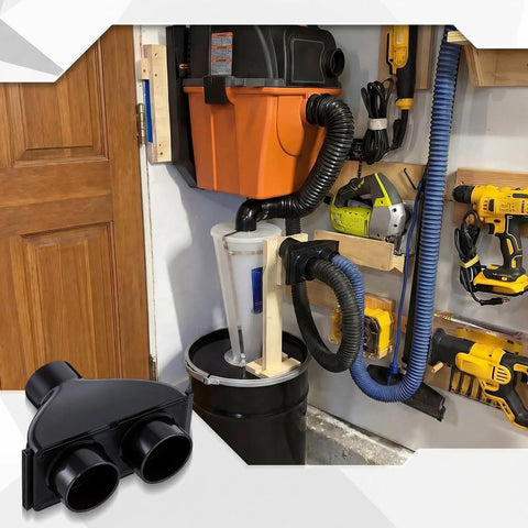 Installed 2.5 Inch ABS Vacuum Y Connector Splitter With Independent Blast Gates For Dual Hoses in workshop.