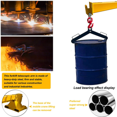 Heavy Hitting Telescoping Forklift Jib Boom Crane, 4400 Lbs Capacity, 7 To 12 Ft Manual Extension, 0 To 75 Degree Tilt Lift showing load bearing with steel barrel.