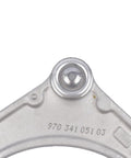 Close-up of front lower control arm part for Porsche Panamera 2010 to 2013, including pre-installed ball joint and bushings.