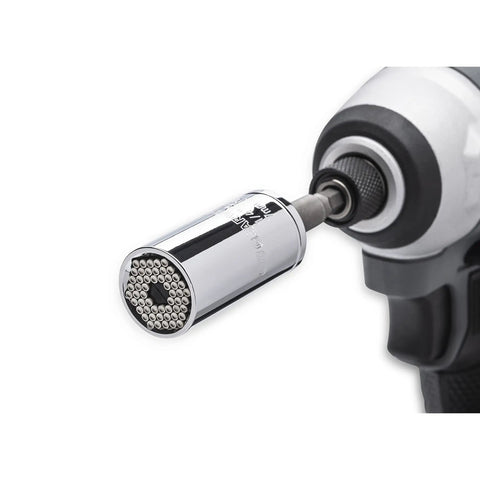 Three Eighth Inch Drive Universal Socket With Adapter for Auto Adjusting from One Quarter to Three Quarters Inch Chrome Finish in use