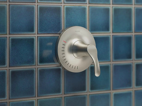 SIMPLICE Rite-Temp Pressure-Balancing 1.75 GPM Shower Faucet Trim Set In Vibrant Brushed Nickel, single handle on blue tile wall