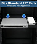 Heavy Duty 1U Rack Mount Shelf For Network Gear 19 Inch Server Bracket With Black Coated Steel Build showing a professional rack setup.