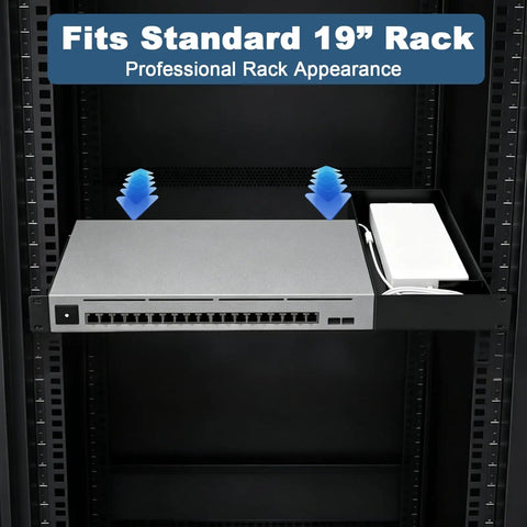 Heavy Duty 1U Rack Mount Shelf For Network Gear 19 Inch Server Bracket With Black Coated Steel Build showing a professional rack setup.