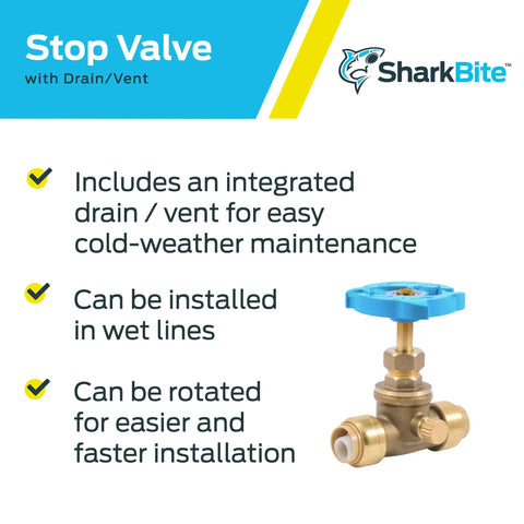 Half Inch Brass Push Stop Valve With Drain And Vent For PEX Copper CPVC PE-RT HDPE Plumbing Fittings product image