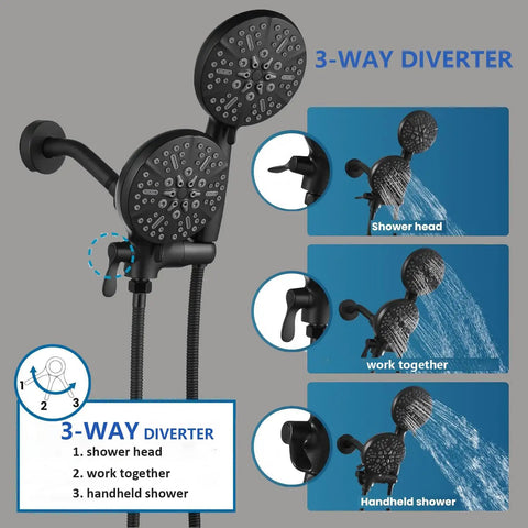 Matte Black Tub And Shower Faucet Combo With Dual Shower System, Tub Spout, Handheld Showerhead, Three Way Diverter Detail