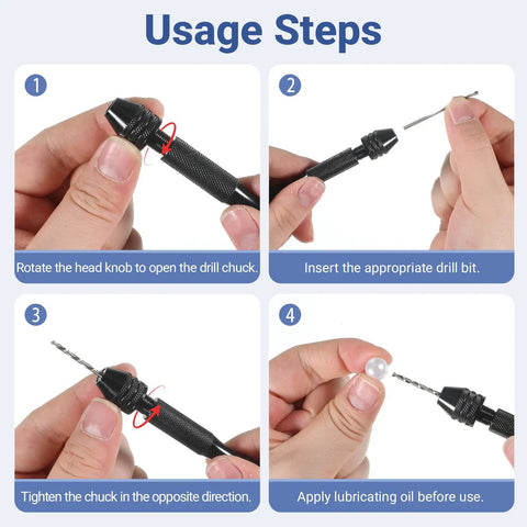 10 Piece Pin Vise Drill Bits Set HSS Micro Twist Bits 0.8mm To 3.0mm Pro Grade DIY Friendly Precision Hand Drills With Collet Rotary Tool For Jewelry Making Resin Wood Metal Model Black, usage steps