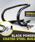 7 Inch Motorcycle Wheel Chock and E Track Ratchet Strap Bundle, black powder-coated steel frame, side view.