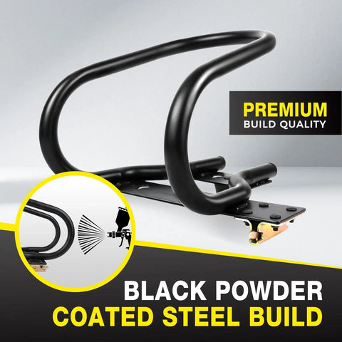 7 Inch Motorcycle Wheel Chock and E Track Ratchet Strap Bundle, black powder-coated steel frame, side view.