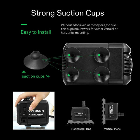 VIVOSUN 210 GPH submersible water pump in black with four suction cups and 5 ft power cord for aquarium or pond.