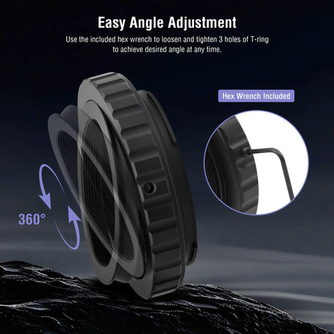 T2 Ring Adapter With 42mm Thread For Canon EOS DSLR SLR Cameras Metal T Mount Telescope Camera Adapter showing angle adjustment