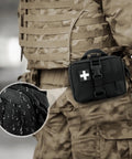 Tactical EMT Pouch Upgrade IFAK Tear Away First Aid Kit secured on military belt, showing waterproof material close-up