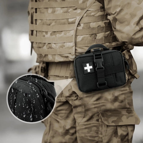 Tactical EMT Pouch Upgrade IFAK Tear Away First Aid Kit secured on military belt, showing waterproof material close-up