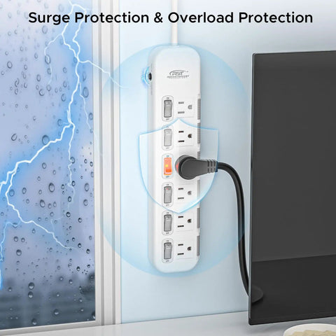 Six Outlet Power Strip Surge Protector With Individual Switches And Durable Mountable Design For Under Desk Or Wall Use Protective Case Energy Saving Perfect For Home Office Setup Or Gaming Rig 15A 1875W 6 Ft 14 AWG Cord White mounted on wall