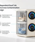 Super Compact Dual Tank Mini Washing Machine With Auto Wash And Dry Settings Ideal For Dorm Life And Studio Apartments Hassle Free Laundry Day In Crisp White showing dual compartments for separates.