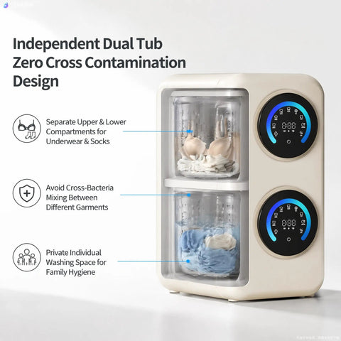 Super Compact Dual Tank Mini Washing Machine With Auto Wash And Dry Settings Ideal For Dorm Life And Studio Apartments Hassle Free Laundry Day In Crisp White showing dual compartments for separates.
