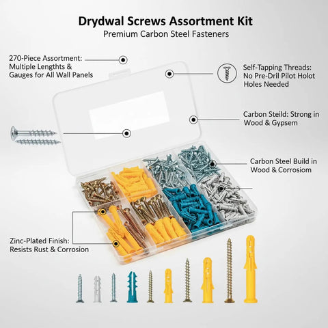 270 Piece Drywall Screw Kit With Carbon Steel Self Tapping Zinc Plated Screws for Wood Studs and Gypsum Panels No Pre Drill Needed