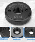 Two Pack 5/8-11 Angle Grinder Flange Nuts With Quick Release D Ring Lock Nut And Knurled Arbor Nut For 4 1/2 5 7 9 Inch Grinders, showing anti-slip texture and arrow indicator.