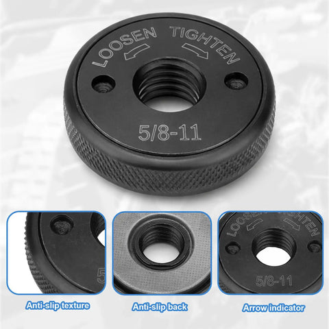 Two Pack 5/8-11 Angle Grinder Flange Nuts With Quick Release D Ring Lock Nut And Knurled Arbor Nut For 4 1/2 5 7 9 Inch Grinders, showing anti-slip texture and arrow indicator.
