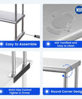Double Overshelf Stainless Steel Shelf 12x72 Inch Two Tier Heavy Duty Storage Rack With Adjustable Upper And Lower Shelves For Kitchen Garage Workshop Bar Restaurant Laundry School, NSF certified, round corner design