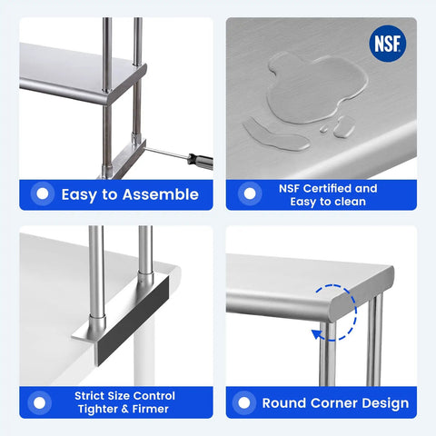 Double Overshelf Stainless Steel Shelf 12x72 Inch Two Tier Heavy Duty Storage Rack With Adjustable Upper And Lower Shelves For Kitchen Garage Workshop Bar Restaurant Laundry School, NSF certified, round corner design