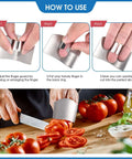 11-piece finger guard cutting set with stainless steel guards and thumb protectors shown for slicing tomatoes.