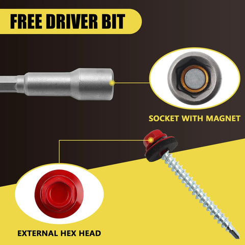 Red Hex Head Self Drilling Roofing Screws For Wood And Sheet Metal, 200 Piece Set, No 10 X 2 Inches, close-up on hex head and bit