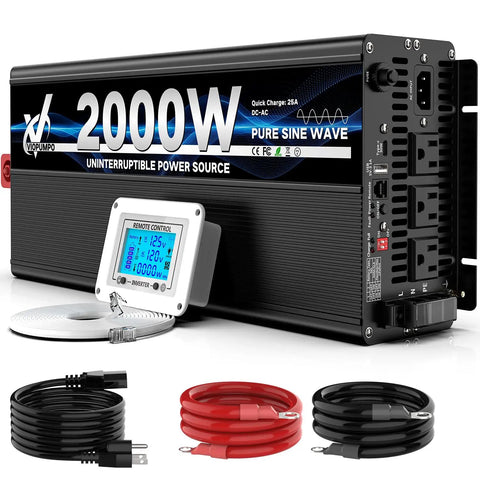 2000 Watt Sump Pump Backup Battery System With Automatic Switchover For No Fuss Battery Inverter Power, Pure Sine Wave Output, Remote LCD Controller, And Real Time Status For Reliable Emergency Power During Outages, front view with cables.