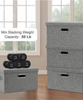 Heavy Duty Fabric Storage Bins With Snap On Lids Stackable Khaki Storage Boxes displaying three gray fabric storage bins and weights.