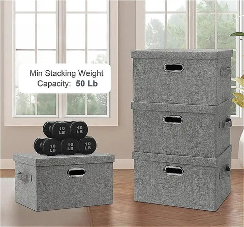 Heavy Duty Fabric Storage Bins With Snap On Lids Stackable Khaki Storage Boxes displaying three gray fabric storage bins and weights.