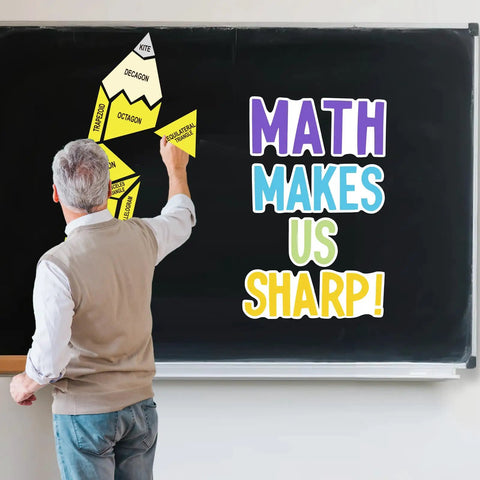 Teacher arranging Math Bulletin Board Decorations Set For Classroom Back To School Decor With Bold MATH MAKES US SHARP Letter Cutouts