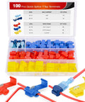 Open box of 100 Piece Quick Splice Solderless Wire Connectors T Tap Kit, showing assorted colors and sizes for automotive and DIY use.