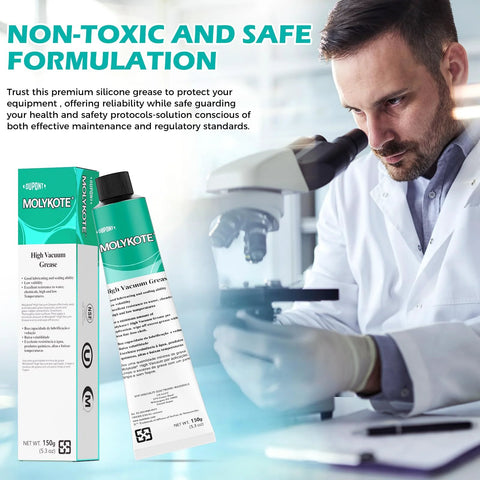 Front view of Molykote High Vacuum Grease 150 g tube and teal box, lab scene with a scientist.