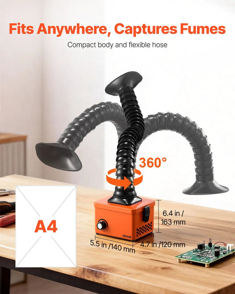 Solder Fume Extractor With 40W Brushless Motor, Two Stage Filters, Adjustable Airflow, compact design on wooden desk.