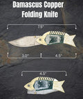 Open and closed Damascus Fish Style Folding Knife With Ladder Pattern Blade, Brass Engraved Green Resin Handle, Leather Sheath displayed.