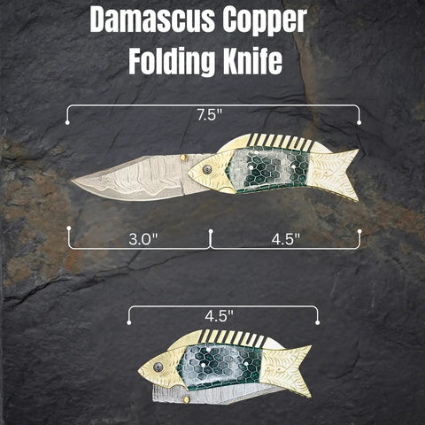 Open and closed Damascus Fish Style Folding Knife With Ladder Pattern Blade, Brass Engraved Green Resin Handle, Leather Sheath displayed.