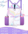 Mermaid Swim Bag For Kids Drawstring Backpack For Girls Beach And Pool Waterproof with two side water bottle holders