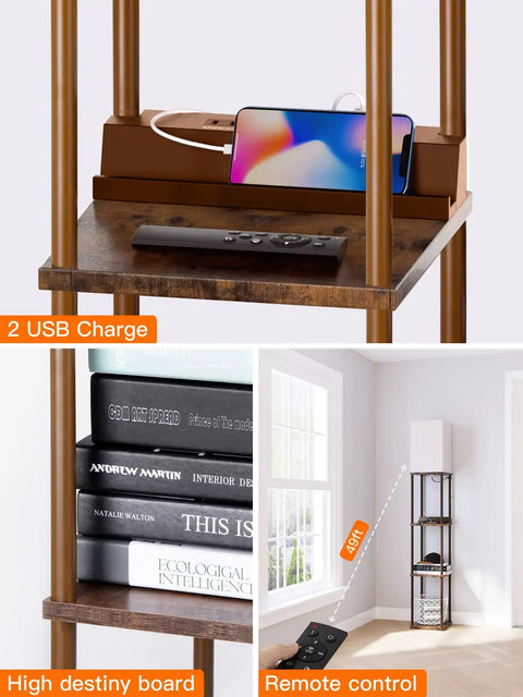Shelf Floor Lamp With 2 USB Ports And Power Outlet, Remote Control LED Bulb With 3 Color Temperatures, Brown Finish