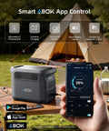 Power On The Go 1024Wh LiFePO4 Portable Power Station with smartphone app control in a campsite setting