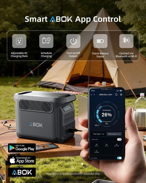 Power On The Go 1024Wh LiFePO4 Portable Power Station with smartphone app control in a campsite setting