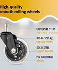 High-quality smooth rolling office and gaming chair wheel with universal stem and solid steel support bracket.