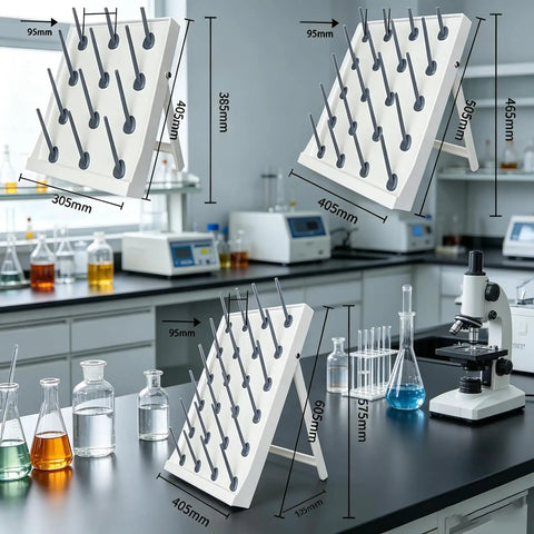 Heavy Duty Lab Drying Rack With Mobile Wheels For Easy Rolling Around The Bench Detachable Drip Rods, dimensions shown, in lab setting.