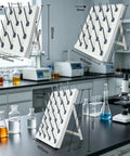 Heavy Duty Lab Glassware Drying Rack With Detachable Drip Rod with measurements, ideal for securing beakers and flasks in labs.