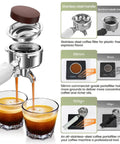 Espresso shot pouring from 20 Bar Espresso Machine With 58mm Portafilter And Milk Frother For Cappuccino And Latte With Smart Touch Display And PID Temperature Control White Great Gift into two cups, showing stainless steel portafilter.
