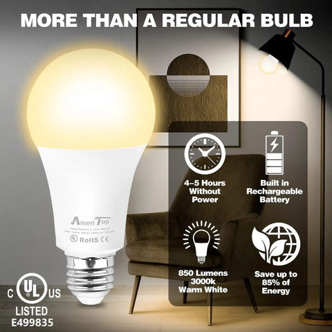 Rechargeable Emergency LED Light Bulb 2 Pack With Battery Backup A19 E26 Base 850 Lumens 9W 60W Equivalent Daylight 5000K Ideal For Power Outages Camping Outdoor Adventures Hurricanes And Prep Gear displayed in a living room.
