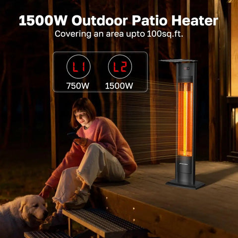 1500W Infrared Patio Tower Heater with Remote, Timer, Tip Over Auto Shutoff, IP55 Outdoor Indoor Rated, 38.5 Inch
