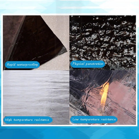 Heavy Duty Self Healing Roofing Underlayment Roll With Super Strong Flashing Sealant shown in four panels, highlighting properties.