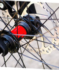 Close-up of No Fuss Mountain Bike Disc Brake Conversion Kit with 160 mm aluminum rotor and black bike hub.