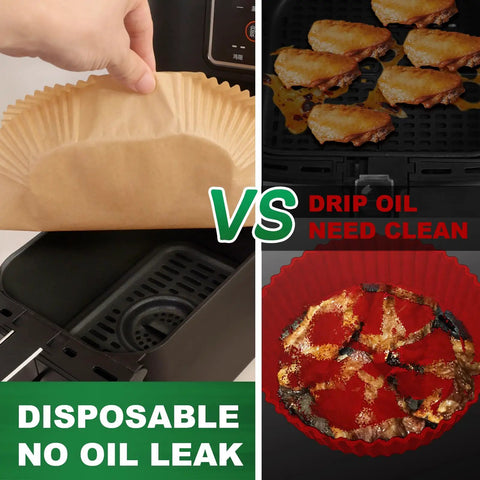 Comparison of disposable parchment paper liner and greasy air fryer tray with text 'No Oil Leak' and 'Need Clean'