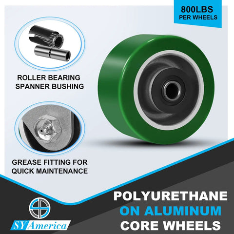 Heavy Duty Polyurethane Casters With Aluminum Core Wheels And Extra Thick Tread For Smooth Rolling And Kick Butt Performance In Industrial Warehouses Set Of 100 close-up of green wheel with roller bearing spanner bushing.